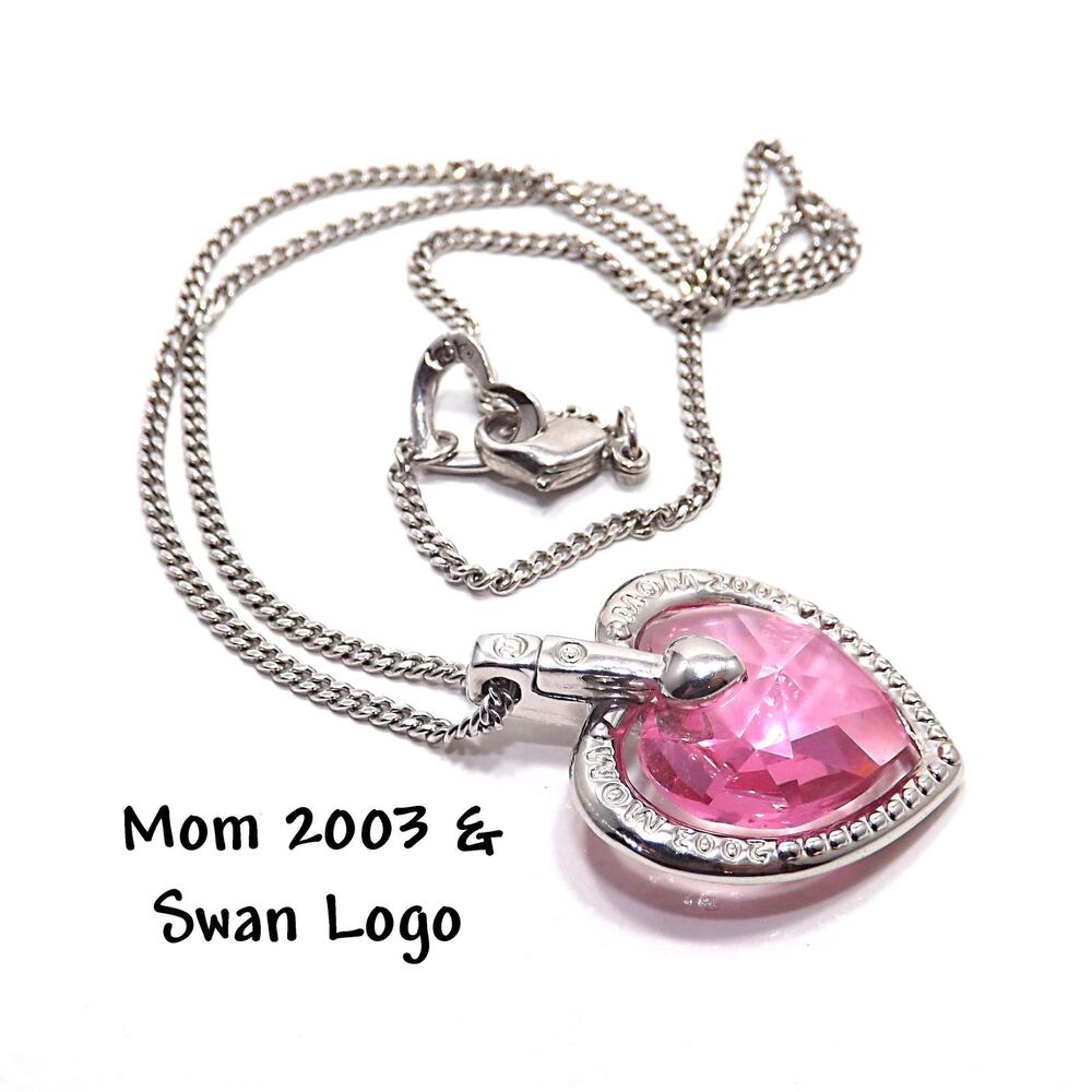 Swarovski “Mom 2003” Pink Heart Crystal Necklace, Swan Logo, Vintage 2000s